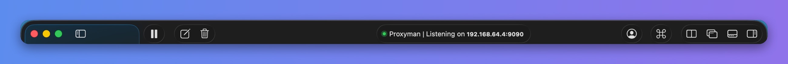 Proxyman toolbar with the layout buttons on the right for Source List, Detachable Window, Horizontal and Vertical
