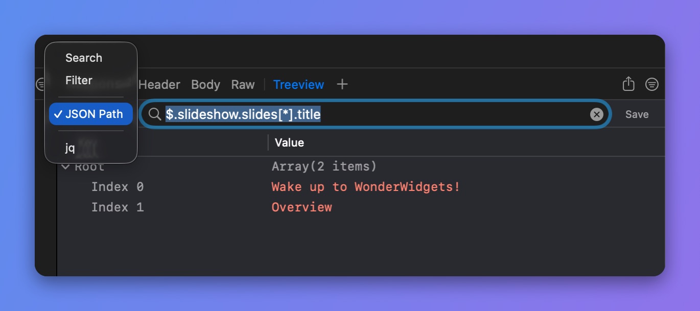 Proxyman Treeview filter mode menu with Search, Filter, JSON Path and jq options