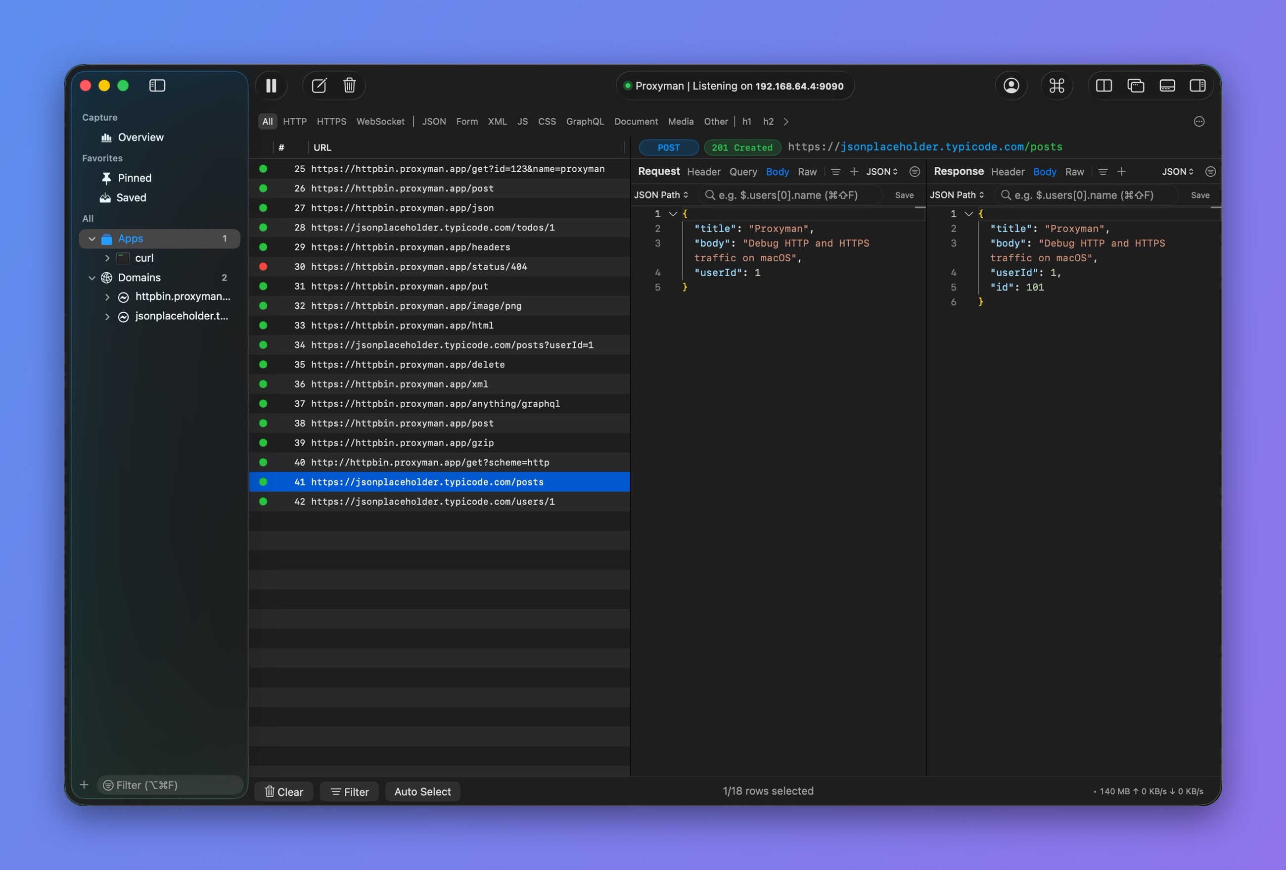 Proxyman in Vertical layout with the Request and Response panels docked to the right of the request list