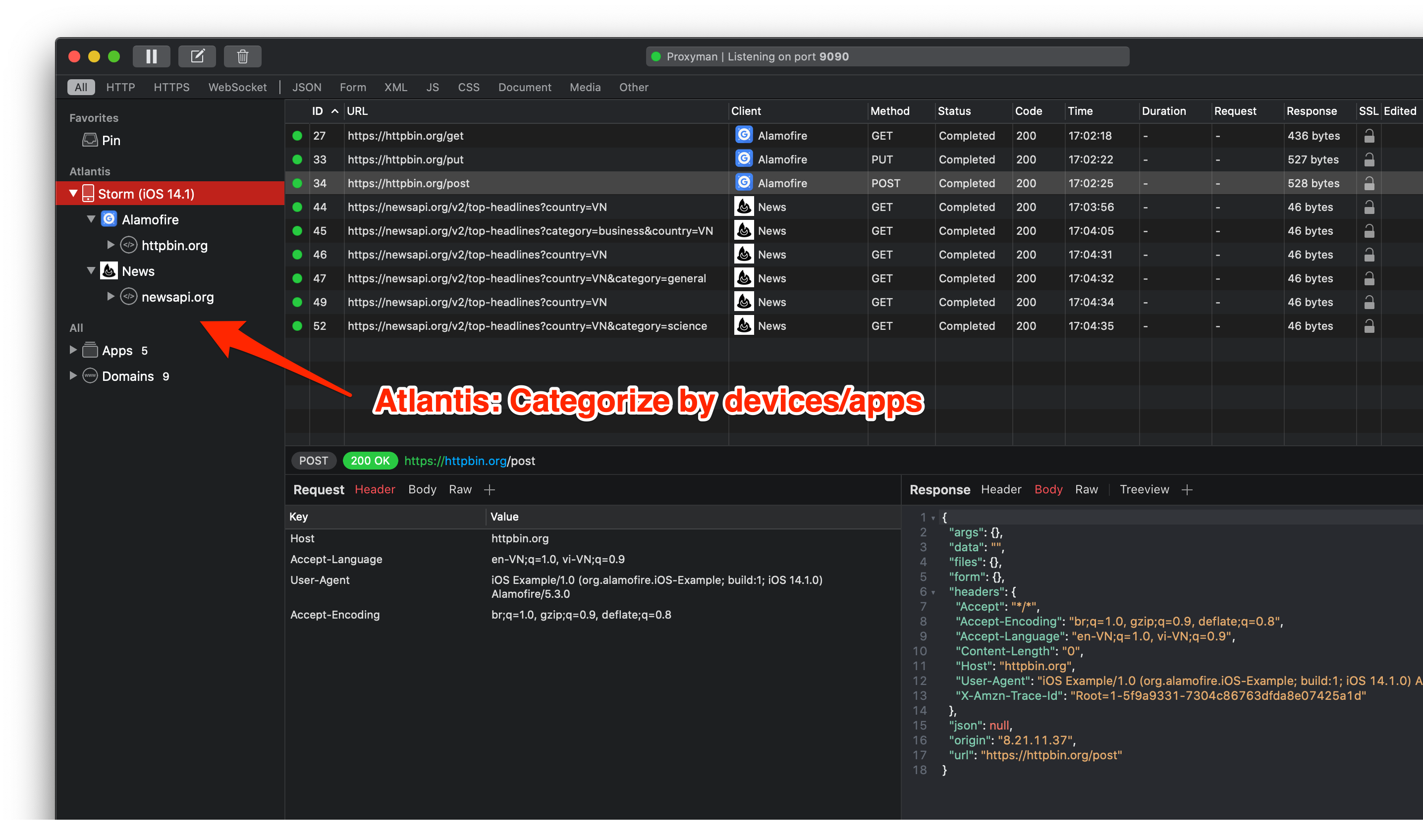 Proxyman macOS app showing Atlantis traffic grouped by iOS device and app in the sidebar