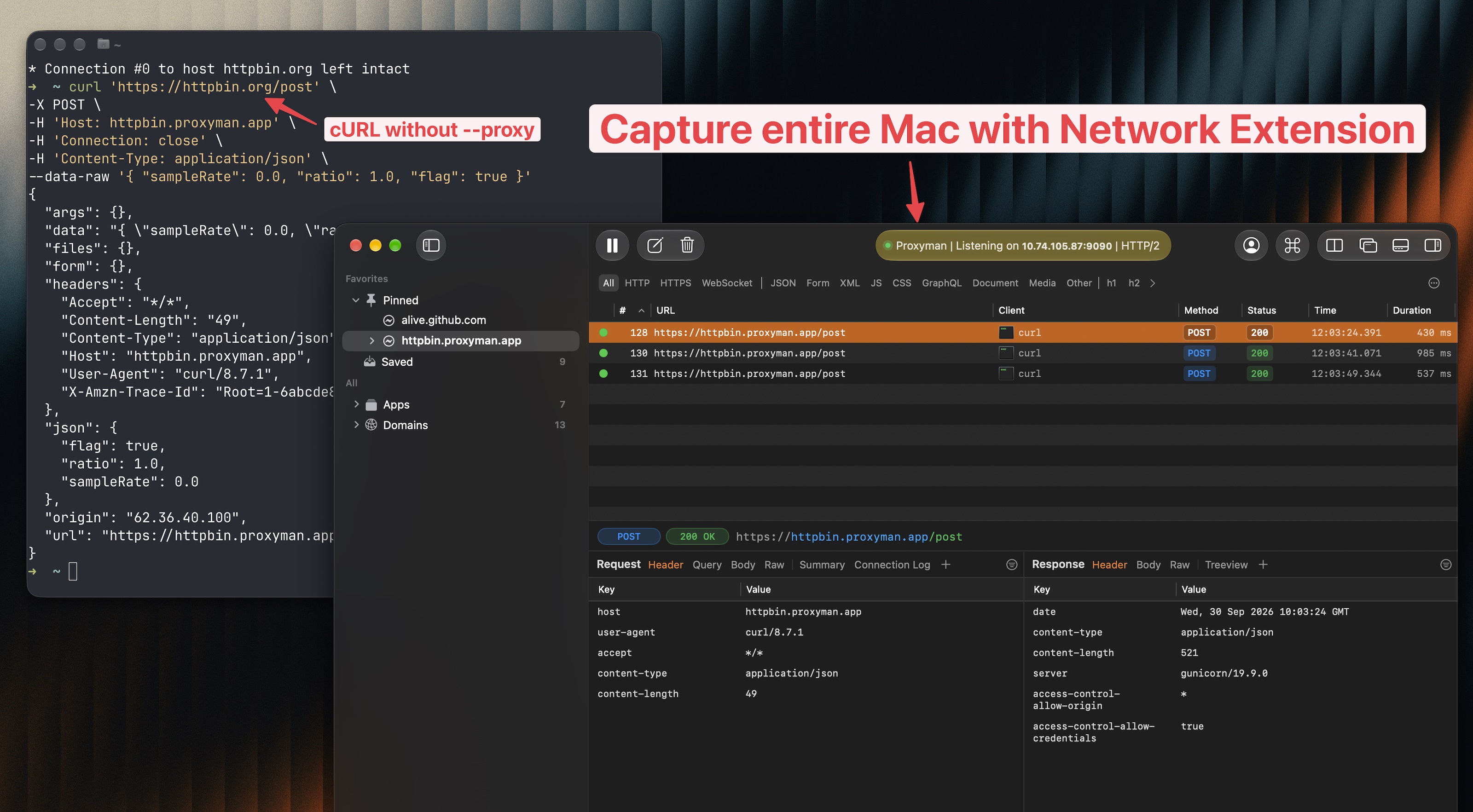 Proxyman captures cURL HTTPS requests without the --proxy flag