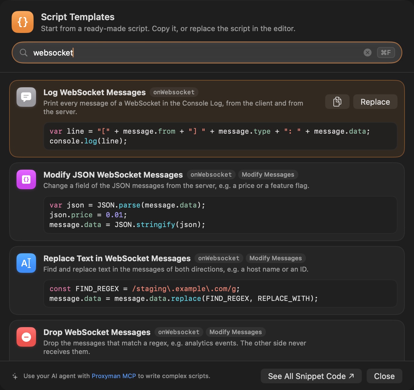 The Script Templates sheet in Proxyman, filtered to the WebSocket templates